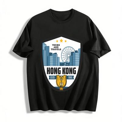 Hong Kong Landmark Print Retro Travel Souvenir Casual Top Pure Cotton T-shirt