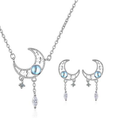 925 Sterling Silver Crystal Moon Jewelry Sets For Women Fine Elegant Necklace Stud Earringsgaabou Jewellery