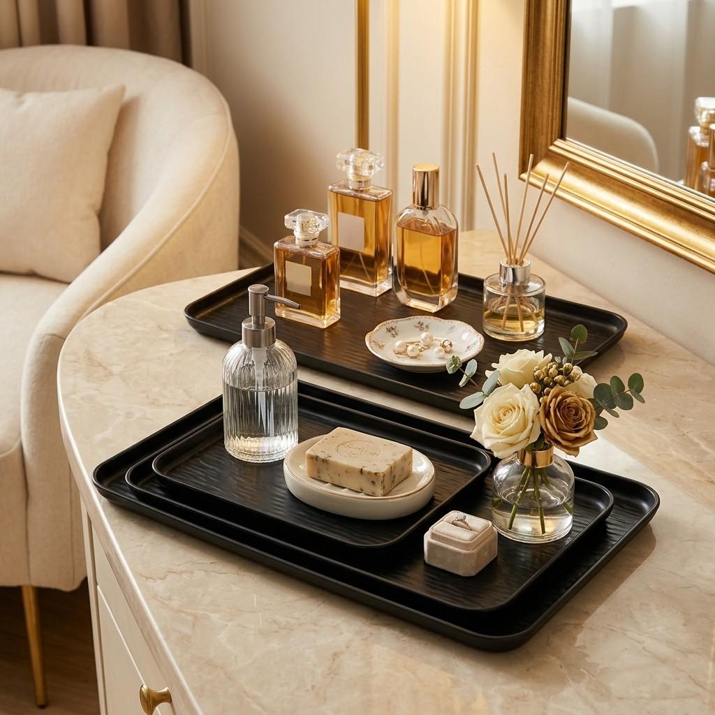 Rectangular Plastic Vanity Tray Bathroom Organizer Perfume Tray Stackable Makeup Organizer Cosmetic Storage Box Desk Accessories