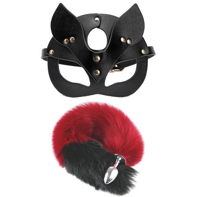 Erotic SM Role-Playing Mask & Metal Butt Plug Tail for Couples: Female Slave Training & Punishment