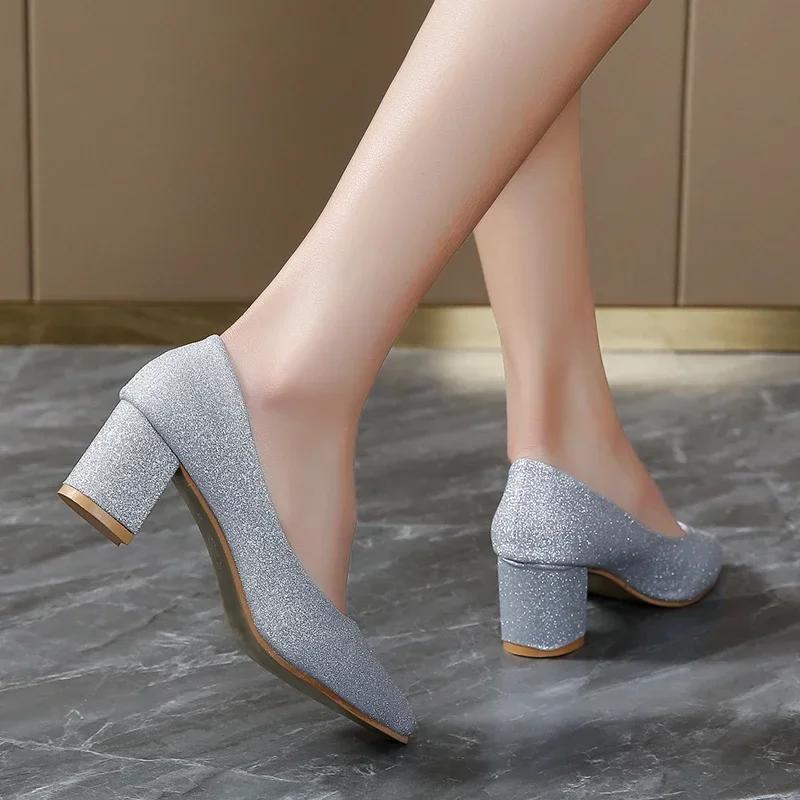 2024 Comfortable Ladies Shiny High Heels Pointed Toe Soft Spring Wide Version Comfortable Gold and Silver Shoes Large Size 33-41