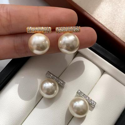 One-character Silver Zircon Pearl Earrings, Women's Seiko Fine Throwing Pure Silver Needle Stud Earrings, Temperament Atmospheric Earrings.