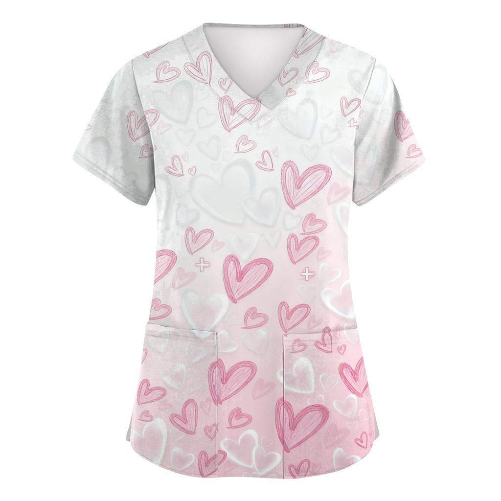 Women's Fashion Short-Sleeve Valentine's Day Print V-Neck Pocket Workwear Top