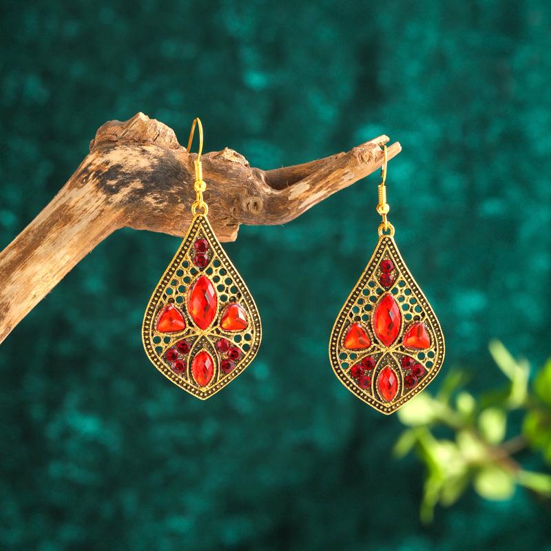 Vintage Ethnic Antique Gold Color Water Drop Earrings for Women Boho Simple Hollow Rhinestone Dangle Earrings Wedding Jewelry