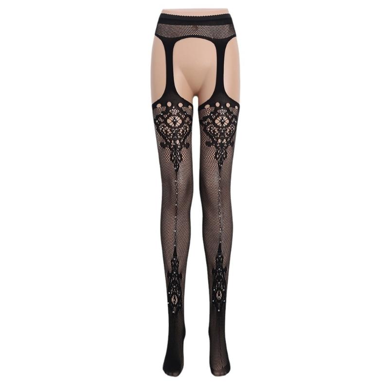 Womens Flower Jacquard Fishnet Suspender Tights Sparkly Rhinestones Mesh Thigh High Stockings Garters Pantyhose Lingerie
