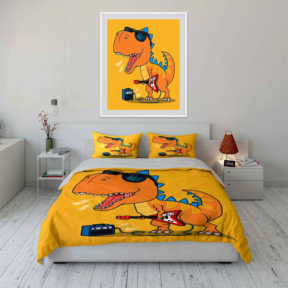 Cool Dinosaur Playing Guitar Bedding Duvet Cover Set Duvet Cover Pillowcases  (1*Duvet Cover 2*Pillowcases, Without Duvet Insert)