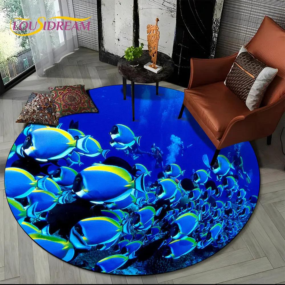 3D Seabed Underwater World Dolphin Turtle Round Area Rug,Carpet for Living Room Bedroom Sofa Playroom Decor,Non-slip Floor Mat