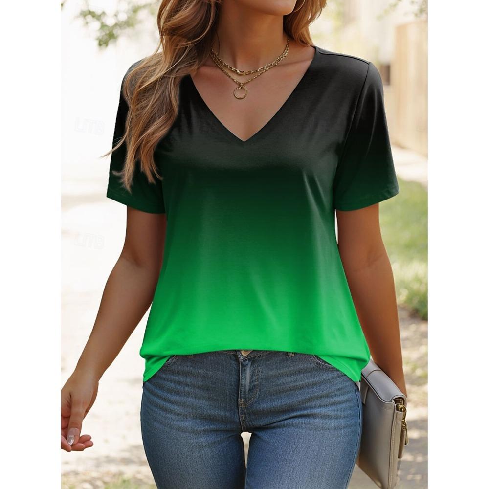 Women's T-shirts with Shadow Patterns, Elegant and Casual V-neck Shorts, and Ordinary Daily Printed Tops