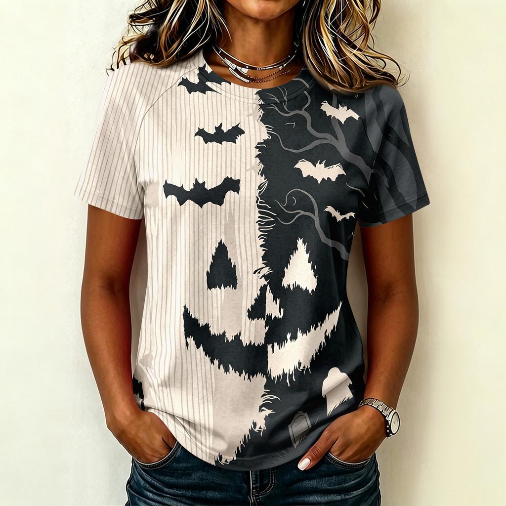 Womens Raglan Sleeve Casual T Shirt Halloween Print Short Sleeve Top Crew Neck Comfortable Fit Lightweight Fabric