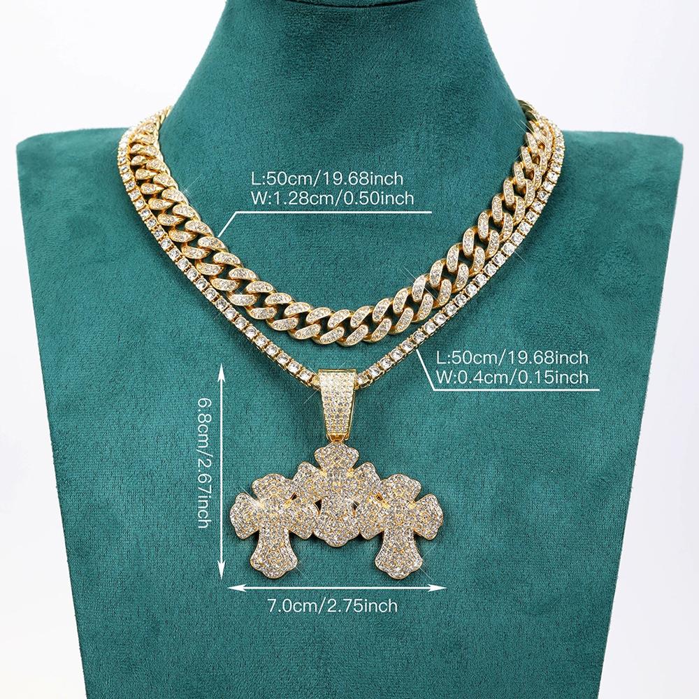 New Hip Hop Stacked Cross Pendant Tennis Chain Necklace,with Cuban Chain Crosses Necklaces Fashion Jewelry,For Men And Women