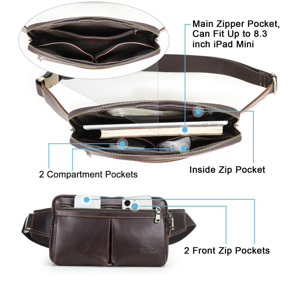 CONTACT'S Genuine Leather Crossbody Bag for Men 2025 New Style Male Waist Bags for 7.9 Inch iPad Men's Travel Money Pouch Crossbody Fanny Belt Bags