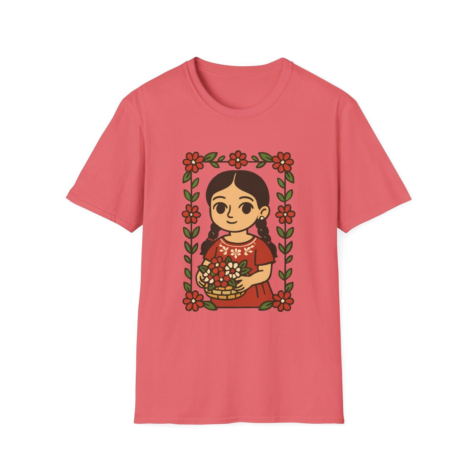 Unisex Softstyle Mexican Flower Girl T-Shirt Mens Womens Tees Top - Nature, Blooms, Whimsical S