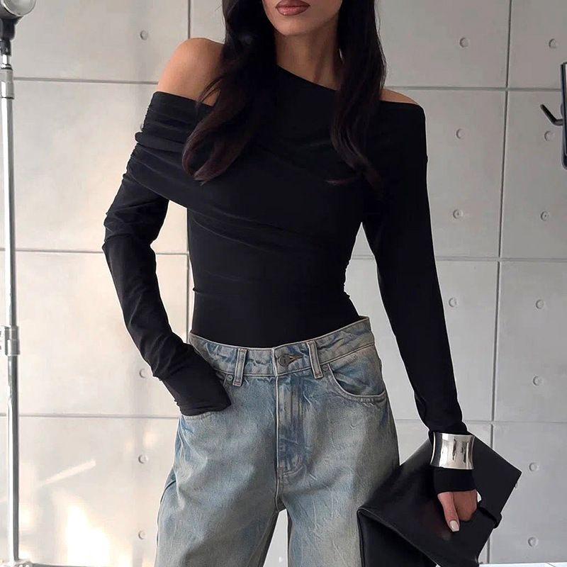 European and American 2025 Women Clothes Spring New Fashion Sexy Solid Long Sleeve off-the-Shoulder Double-Layer Chest Film T-shirt Top Women