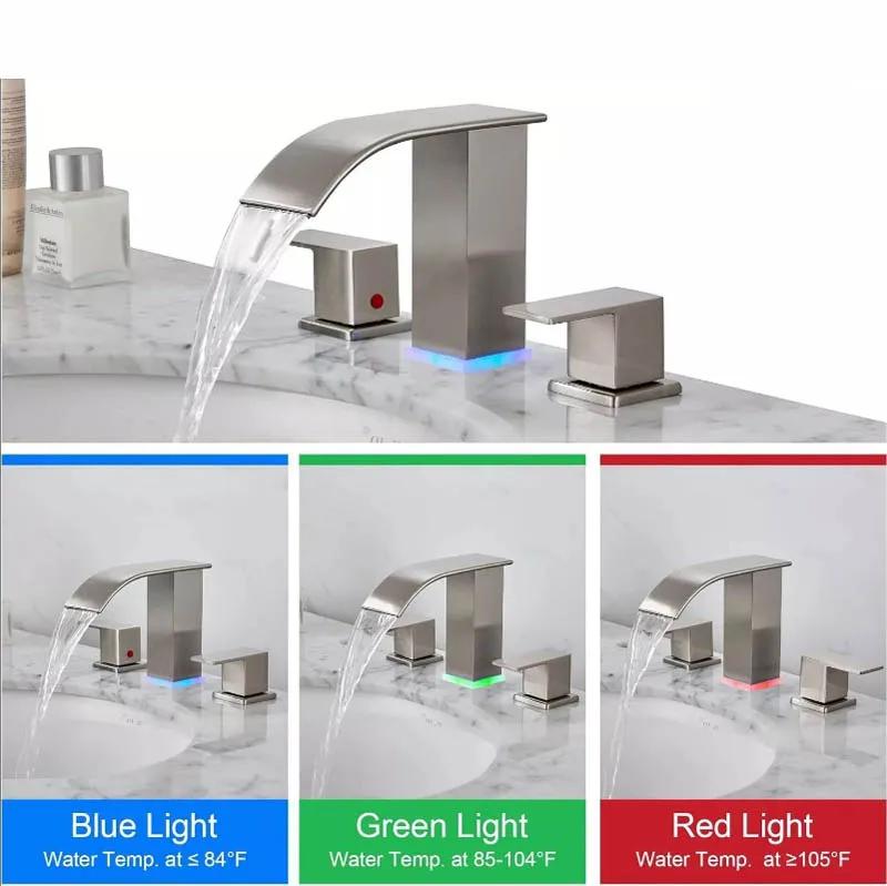 LED Waterfall Bathroom 3 holes Basin Faucet, 2 Handles Cold Hot Water Mixers Sink Tap RGB Color Change Powered by Water Flow