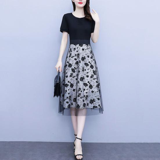 Women Midi Dress Flower Printed Fake Two Piece Mesh Bow-knot Tight Waist Dating Short Sleeves O Neck Lady Party Summer Dress Female Clothes