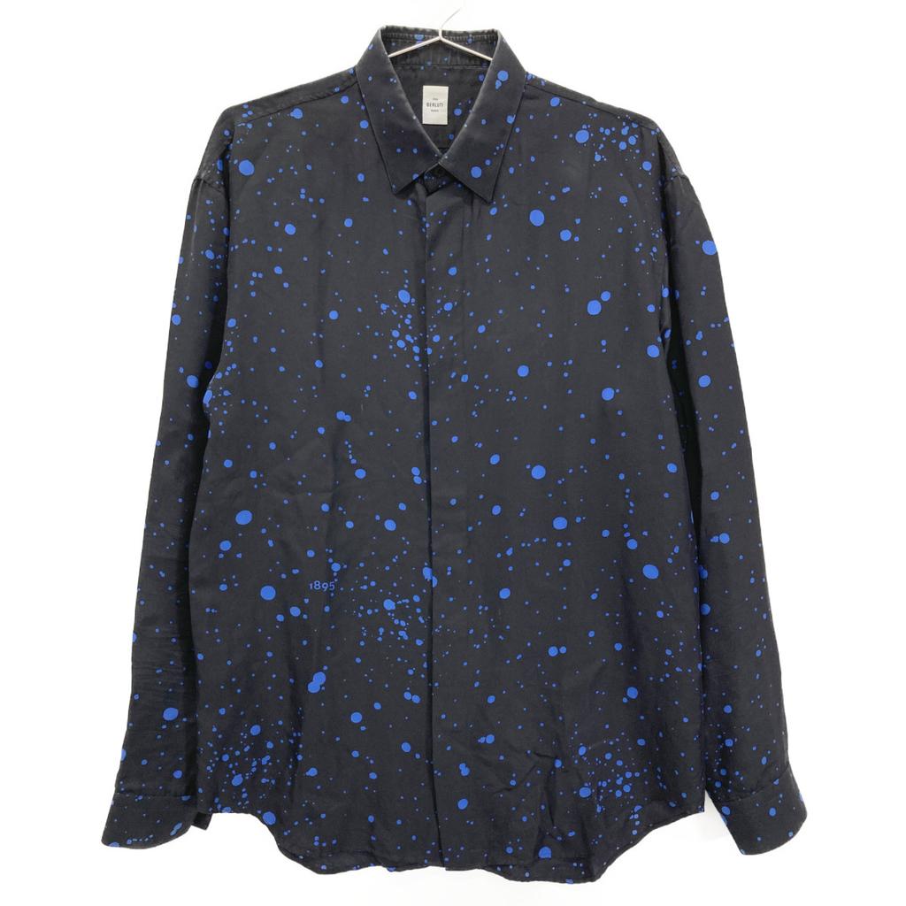 berluti Black x Blue Silk 100% Dot Pattern Shirt tops 38 Black / blueUsed