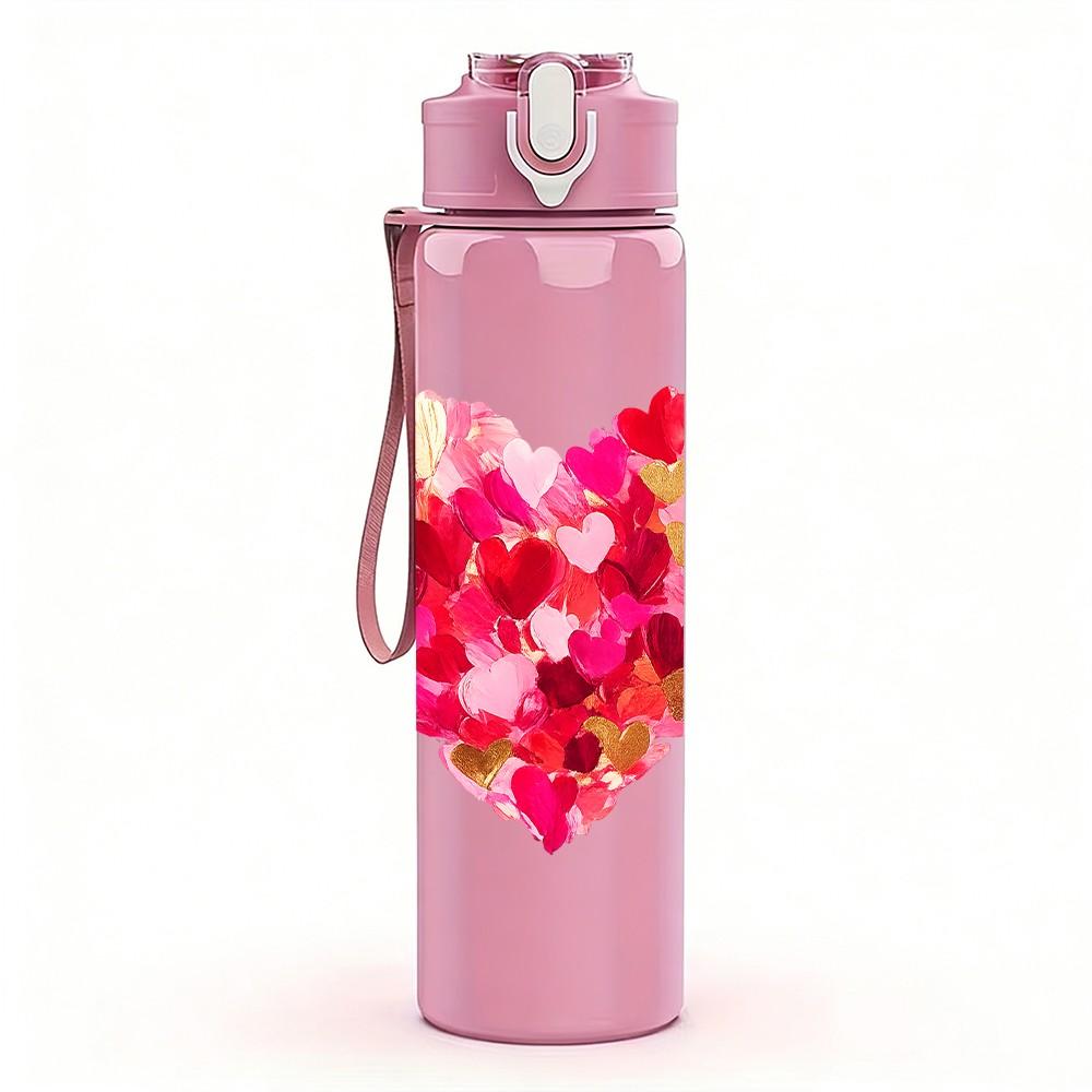 1PC Red Glitter Heart Love Art Print 750ml Color Plastic Sports Water Bottle Leakproof Flip Straw Lid Suitable for Sports Office Home Use