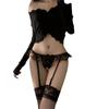 Temptation Pearl Lace Garter Lingerie Set with Open Crotch and Removable Mid-Calf Black Stockings