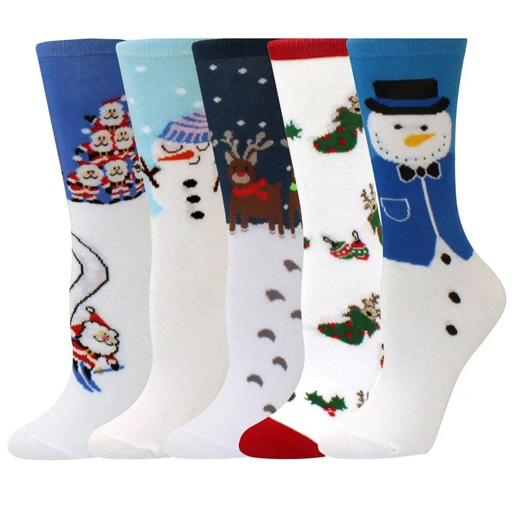 5 Pairs of Christmas Women's Socks with Reindeer and Christmas Tree Patterns, Warm Cotton Socks, Holiday Gift