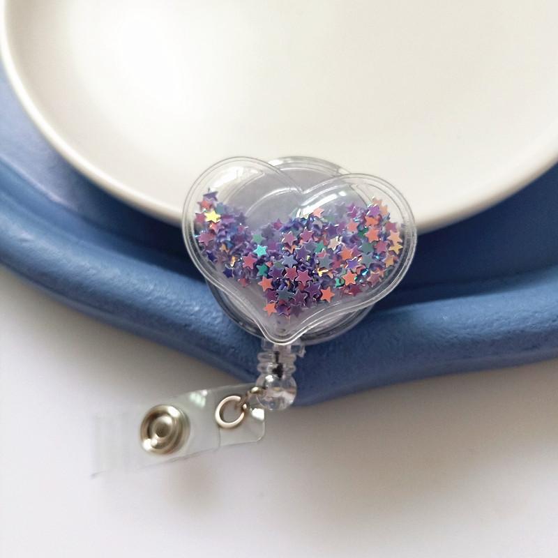 New Style Name Tag with Cartoon Snap Fastener  Elastic Snap Fastener  Flowing Sand Heart Resin Work ID Card Hanging String Clip  Clip Holder