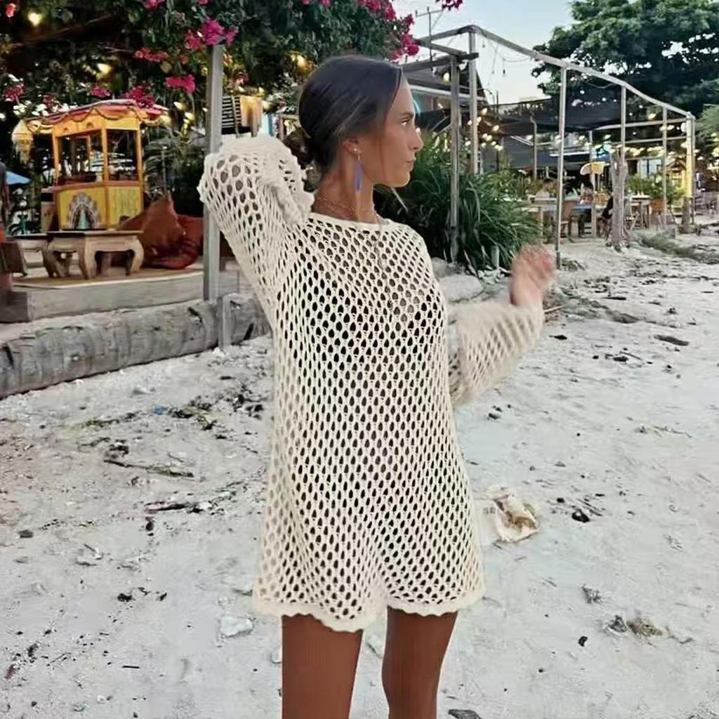 Damen Cover-Up Bikini Strickware: Ausgeschnittenes Langarm-Strand-Sonnenschutzkleid