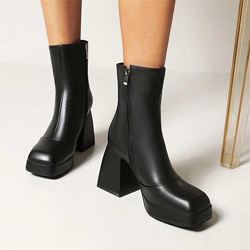 B5/Dámské krátké kozačky na vysokém podpatku Podzim a zima Nová barva Candy Nepromokavá platforma Velké kozačky na silném podpatku