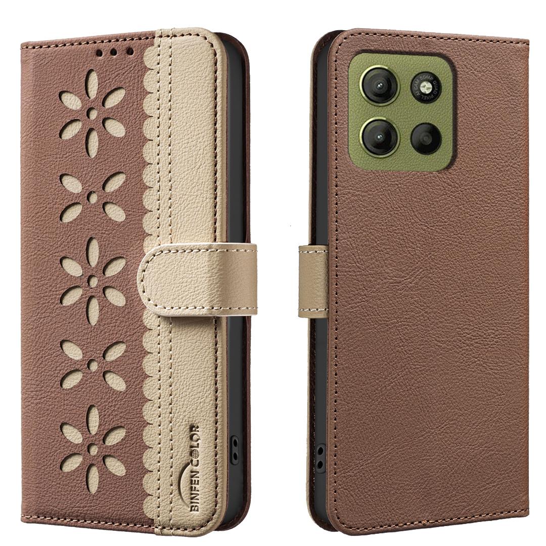 

For Motorola Moto G15 4G Leather Case BINFEN COLOR BF36 Floral Pattern Phone Cover RFID Blocking Wallet Stand Brown