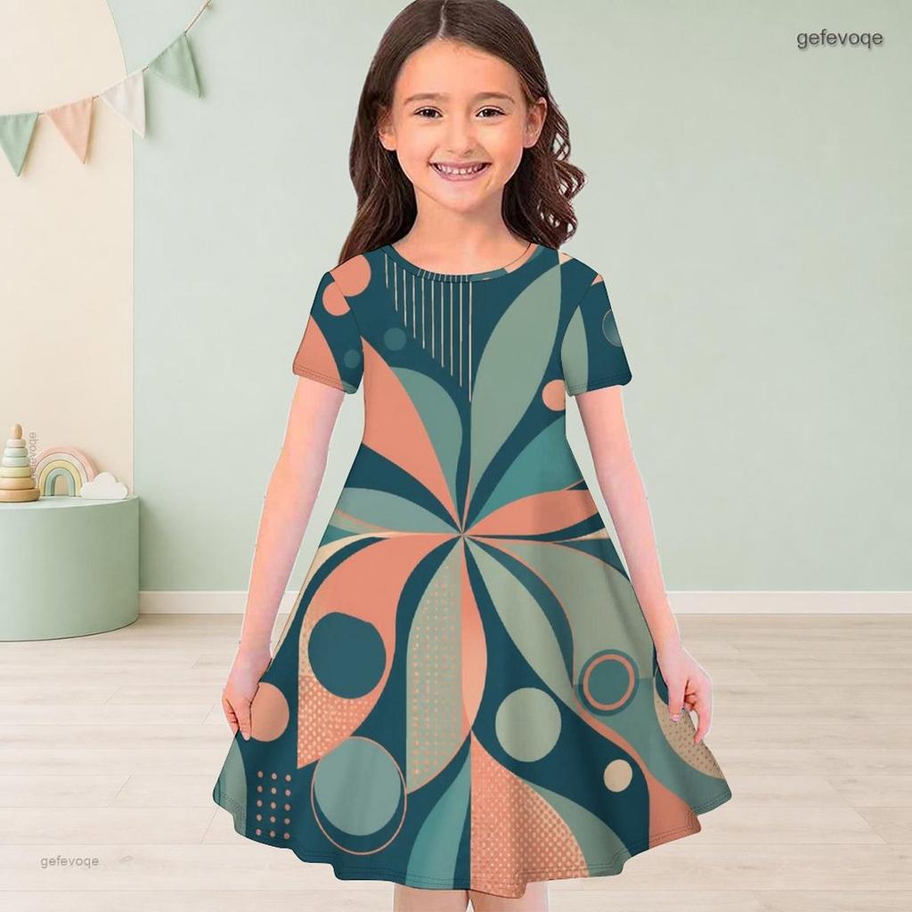 Little Girls Round Neck Short Sleeve Watercolor Printed A Line Flared Dress