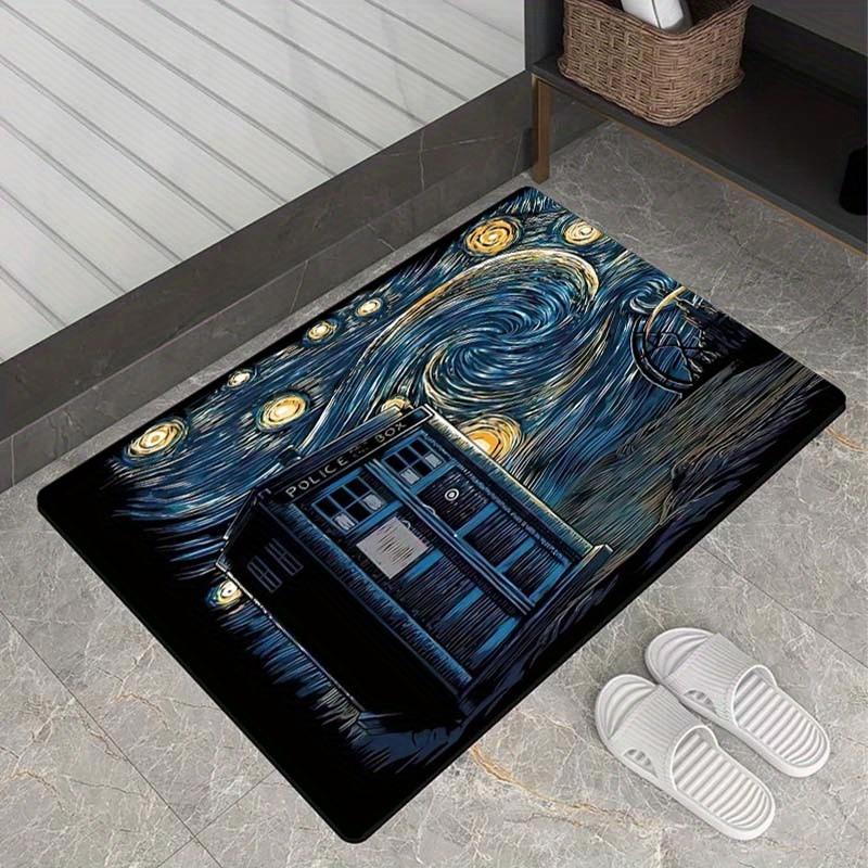Van Gogh Starry Night & TARDIS Print Rug, Sci-Fi Police Box Non-Slip Floor Mat for Kids Room Living Room Bedroom Decor Carpet
