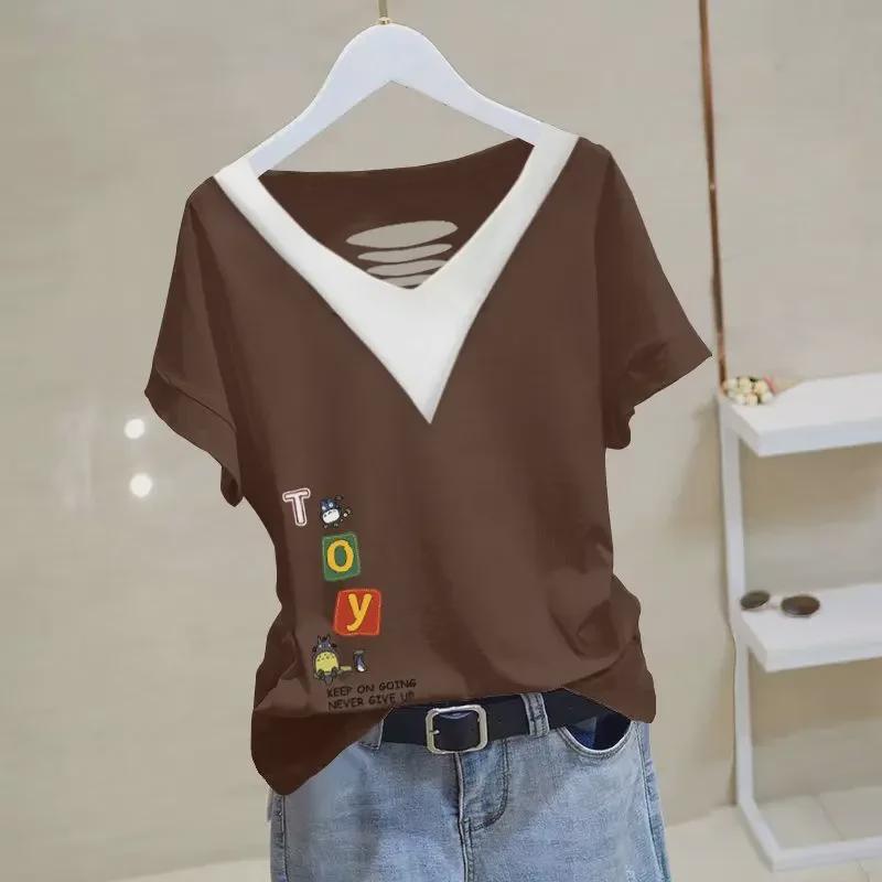 Women's 2024 Summer Cotton V-neck Short-Sleeve Top - Versatile, Loose, Slimming, Plus Size, Chic Korean Style T-shirt