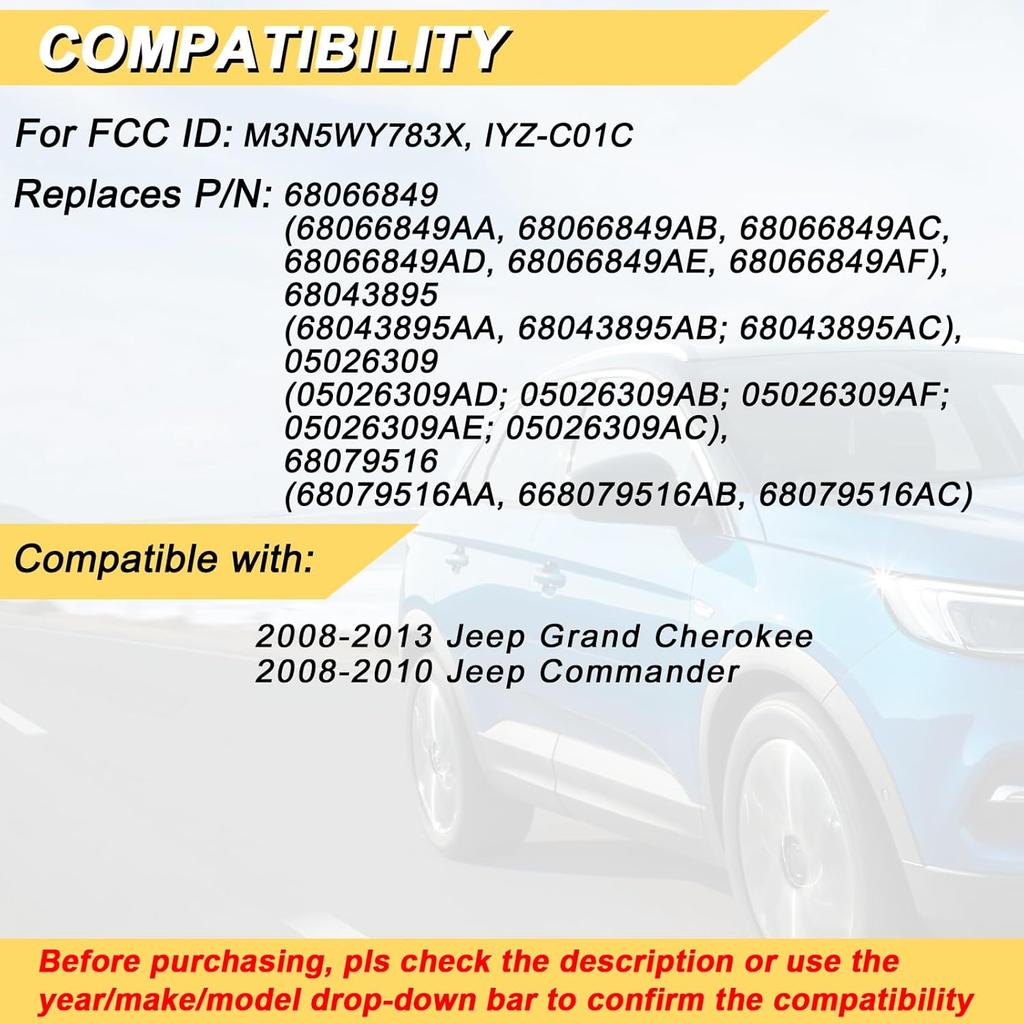 Key Fob Replacement for 2008-2013 Grand Cherokee/ 08-10 Commander Car Keyless Entry Remote Control, M3N5WY783X IYZ-C01C, 5 Buttons, 2Pcs