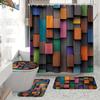 4Pcs Colorful Wood Grain Shower Curtain Set with Non-Slip Bath Mat, Toilet Lid Cover, Contour Rug & 12 Hooks, Bathroom Decor