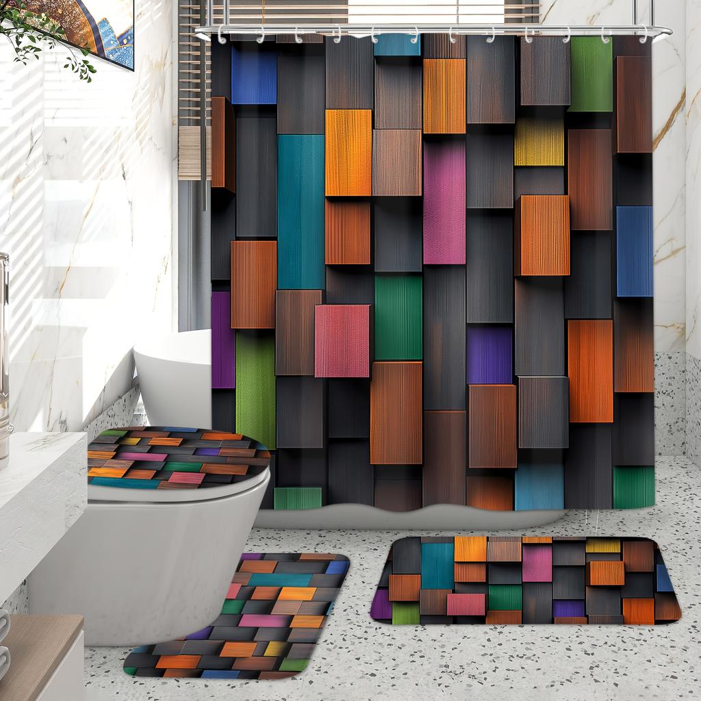4Pcs Colorful Wood Grain Shower Curtain Set with Non-Slip Bath Mat, Toilet Lid Cover, Contour Rug & 12 Hooks, Bathroom Decor