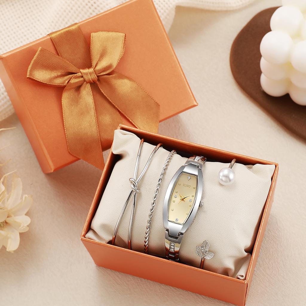 No Gift Box New Small Dial Barrel-shaped Delicate Ladies Quartz Watch   Pearl Bracelet 4-piece Set