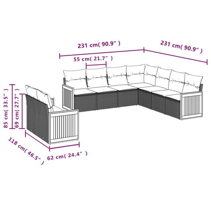 VidaXL Salon de Jardin avec Coussins 9 pcs, Canapés de Terrasse, Ensemble de Meubles de Patio, Mobilier d'Extérieur, Beige 3227780