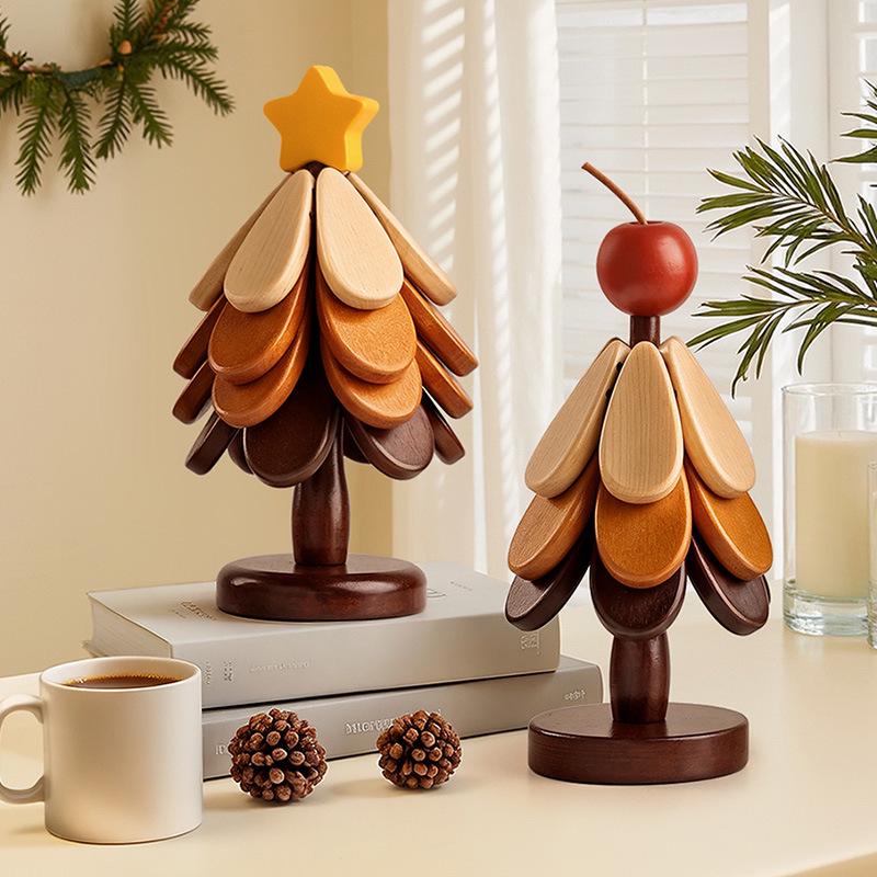 Luxury Christmas Tree Wood Insulated Pot Pad & Coaster Set
