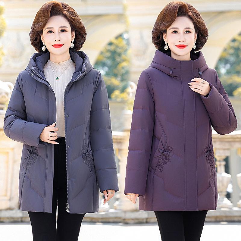 Middle-aged mother down jacket women's medium and long winter new foreign-style hooded white duck down thickened coat