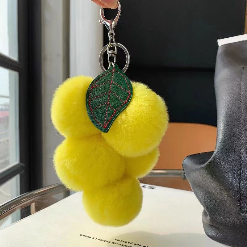 Cute Grape Poms Bag Chain Keychains Fluffy Pompoms Pendant Rex Rabbit Fur Pompoms Keyring Backpack Bag Accessories