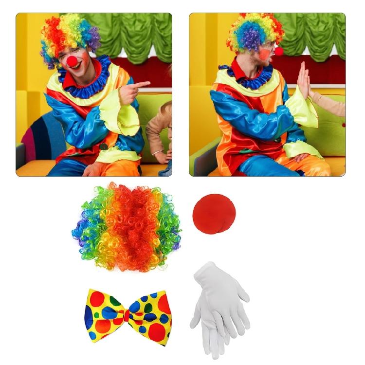 Full Feature Adult Clown Cosplay Set for Halloween Celebration Role Play Rainbow Wig Nose Bowtie Gloves Accessories Set