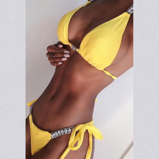 2 Pcs/Set Swimwear Set Rhinestone Halter Neck Lace Up Backless Bikini Set for