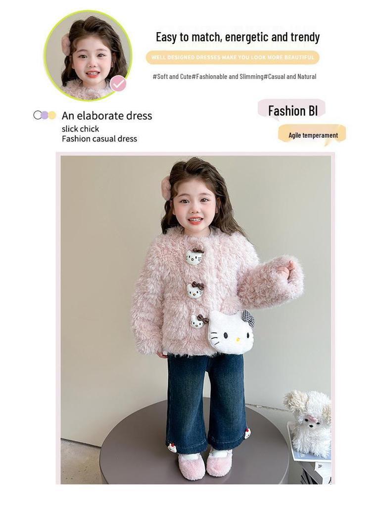 Girls' Faux Fur Fuzzy Coat - 2025 Fashionable Fleece-Lined Autumn/Winter Sweater for Children