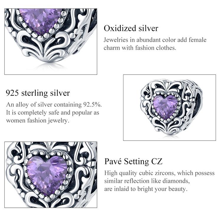 WOSTU Elegant Retro Pattern Purple Zircon Heart Shape 925 Sterling Silver Charm Pendant Beads fit Original Bracelet Bangle DIY Fine Jewelry