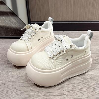Fashion 8CM Women's Spring Canvas Thick Bottom Shoes Breathable Vulcanize Flats Shoes Sneakers Versatile Rubber Sole White Walking Shoes