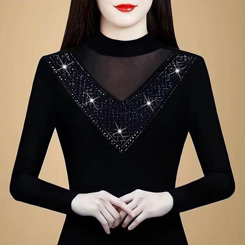 2024 Autumn/Winter Lace Rhinestone Embellished Trendy Hollow Out Blouse