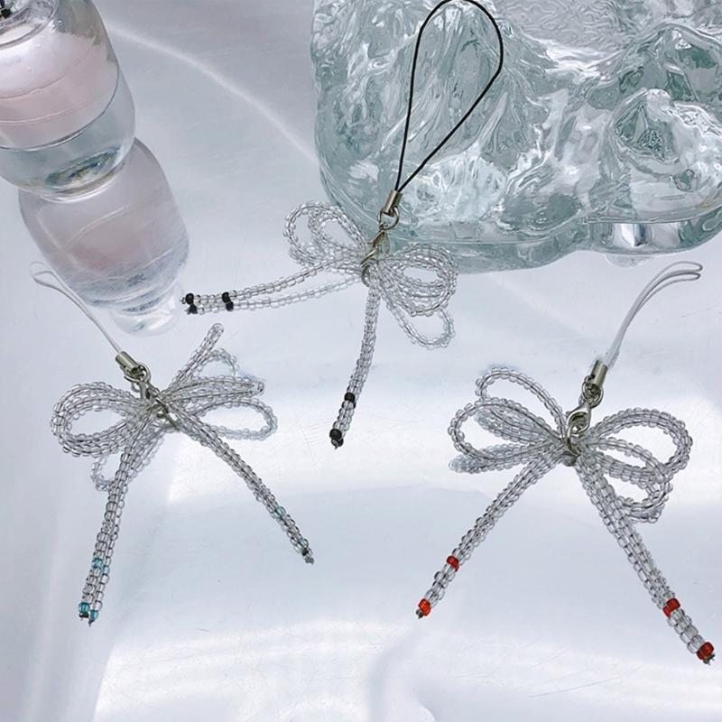 Fashion Glass Beaded Bowknot Phone Charm Straps Y2K Bag Decoration Lanyard Car Keys Hanging Pendants Purse Accessories