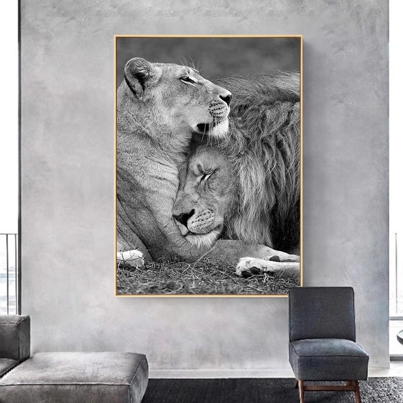 Scandinavian Canvas Painting Black and White Lions Embrace Poster and Print Wall Art Pictures for Living Room Decoration Cuadros