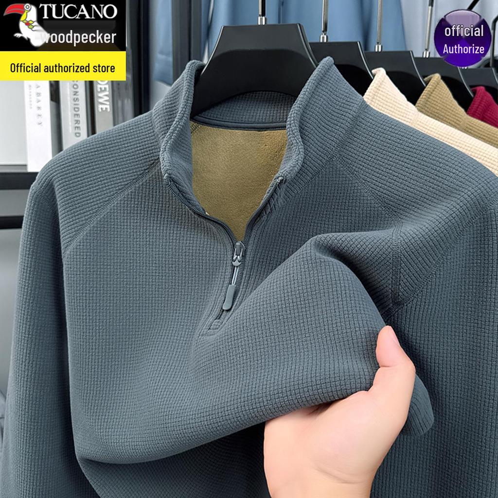 Woodpecker Men's Thick Velvet Fleece Hoodie with Half-Zip and Stand Collar for Autumn/Winter 2025