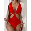 Sexy V Neck Hollow Push Up Swimwear High Waist Halter Swimsuit For Women Backless Tied One Piece Bathing Suit