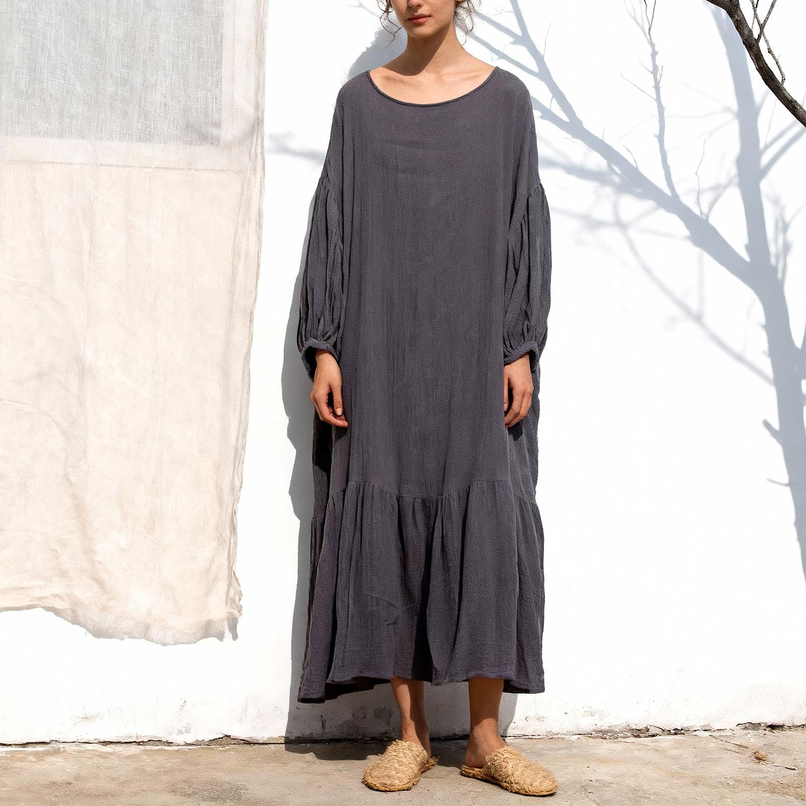 

Johnature Women Vintage Dresses Spring Chinese Style Solid Color O-Neck Lantern Sleeve Female Dress One Size черный серый