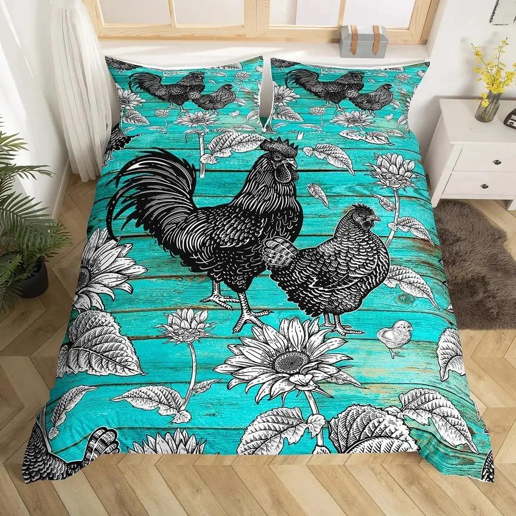 Farm Animal Chicken Duvet Cover Twin King Size Country Sunflower Rooster Comforter Cover Microfiber Rustic Farmhouse Bedding Set